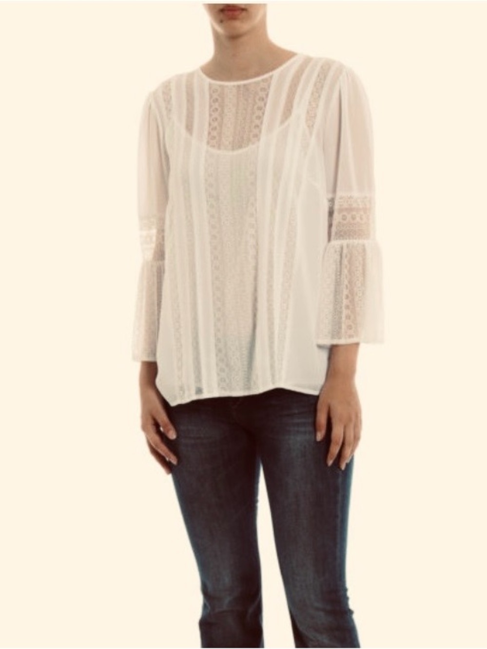 Michael Kors Off White Lace-Panel Blouse with Bell Sleeves / Lined